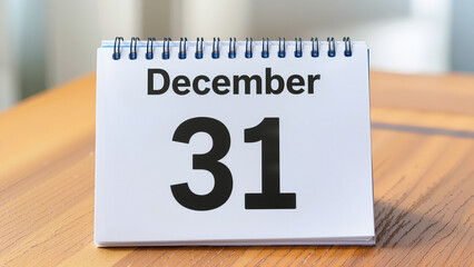 A calendar is open to the page showing December 31. It is placed on a wooden table. The large numbers clearly show the date. The environment appears bright but simple