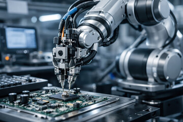 Fototapeta premium Automation precision manufacturing electronics robotics close-up robotic arm assembling circuit board on factory inspiring confidence and technical efficiency