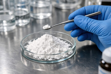 Pharmaceutical active ingredient powder petri dish spatula nitrile glove sample on stainless steel surface to transfer material for analysis and quality control