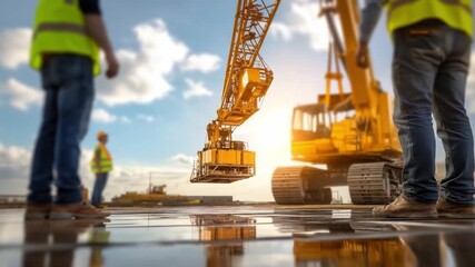 Construction Site under Sunny Sky: Workers collaborate amidst a construction site, with a towering crane and wet ground from which the scene is captured at an eye-level angle. - Powered by Adobe