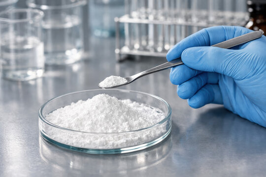 Pharmaceutical active ingredient powder petri dish gloved hand laboratory A sterile lab scene with a gloved hand scooping white powder from a petri dish with a spatula showing