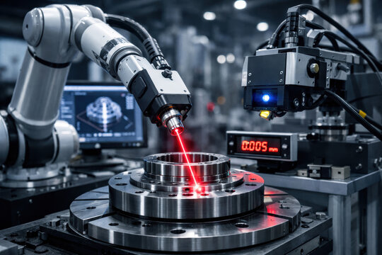 Precision inspection metrology manufacturing robotic laser - robotic arm scanning metal bearing with red beam in industrial workshop conveying technical focus