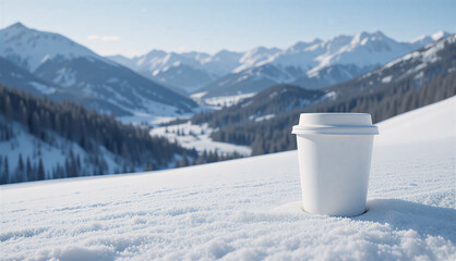 Biały jednorazowy kubek na wynos z kawą napojem stojący na śniegu na tle ośnieżonych szczytów górskich w słoneczny dzień – koncept zimowego wypoczynku i makieta produktu z miejscem na tekst
