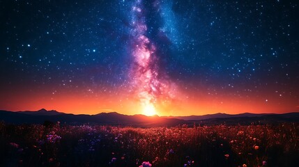 Vibrant Milky Way Galaxy Over Starry Field at Sunset Horizon night sky stars
