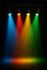 Four bright lights in different colors are focused in a dark space. The beams of light create colorful patterns on the ground. This setup may be for a performance or gathering