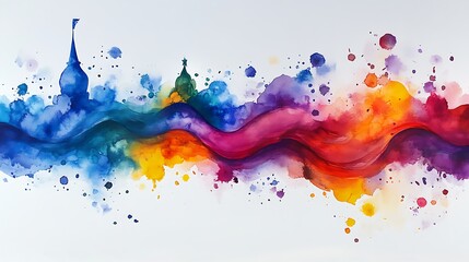 Watercolor skyline with domed buildings and vibrant paint splashes city architecture