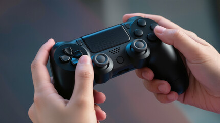 Two hands grip a black game controller. The person is likely playing video games in a living room setting. The lighting is low, suggesting it is evening. The focus is on the controller