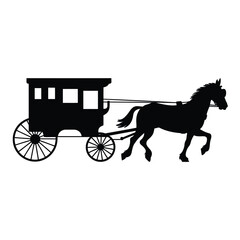 A silhouette of a horse drawn carriage in a simple black and white style