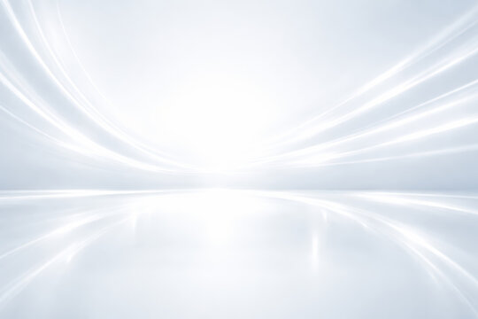 Minimal white abstract clean bright space with curved light streaks and reflective floor evoking calm futuristic atmosphere for presentation website or product backdrop