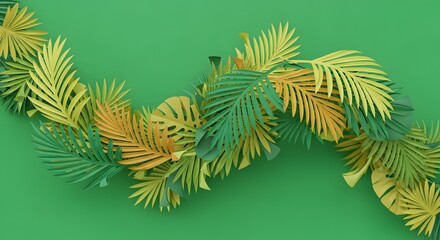 Abstract foliage arrangement in green yellow and orange on green backdrop