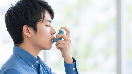 喘息の吸入器を使用する若い日本人男性