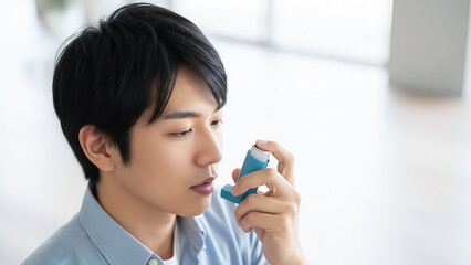 喘息の吸入器を使用する若い日本人男性