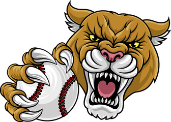 Cougar panther mountain lion puma wildcat cat baseball mascot sports team mascot holding a ball