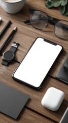 Smartphone glasses and other office supplies arranged on wooden surface