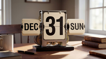 A flip clock displays December 31 and Sunday on a wooden table. Sunlight enters through nearby windows. Books are scattered around the clock, adding to the indoor setting