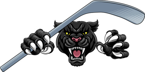 Black panther leopard or jaguar cat hockey sports team mascot holding an ice hockey stick