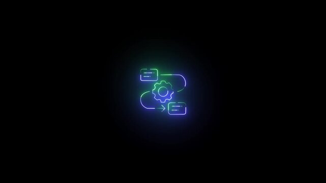 blue Neon glowing sketch of message icon and gear icon retro phone icon with message bubble animation on black background and 4k video animation.