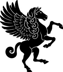 A stylised heraldry coat of arms crest style rearing heraldic Pegasus winged horse from Greek mythology standing on hind legs