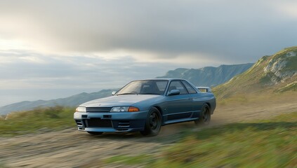 Naklejka premium Vintage coupe drives on a dusty mountain road under clouds.