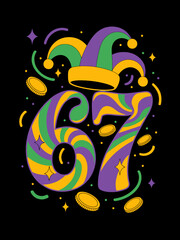 A vibrant design featuring the number 67 adorned with a multicolored joker hat.