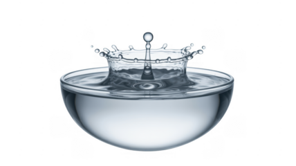 Water Drop Splashing into Clear Liquid in Glass Bowl isolated on a transparent background