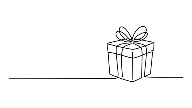  Minimal continuous line gift box illustration with ribbon and bow on horizontal line, simple outline present drawing isolated on white background for holiday and celebration concepts