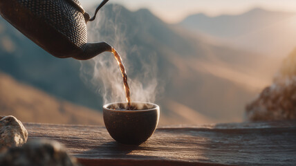 black coffee poured from a traditional teapot