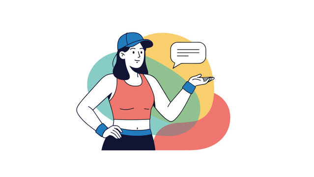 Sporty woman in fitness attire and a cap talking and gesturing, with a speech bubble for coaching or workout tips. - Powered by Adobe