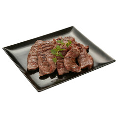 Teppanyaki Grilled Beef on a Black Plate with Transparent Background