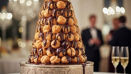 Elegant profiterole tower with chocolate drizzle on gold stand at luxury event for National Cream Puff Day