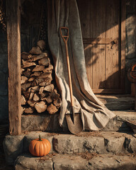 Shovel and firewood stack. Rustic Autumn Still Life: Pumpkin, Shovel, and Firewood - Farmhouse Fall Decor, Cozy Rustic Scene