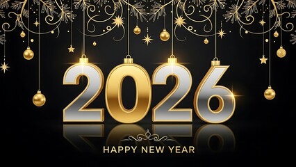 Happy New Year 2026 gold celebration with ornaments and stars