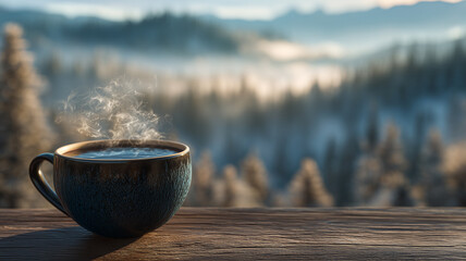 Black coffee in a ceramic cup on a wooden table with steam rising and a mountain view in the background.