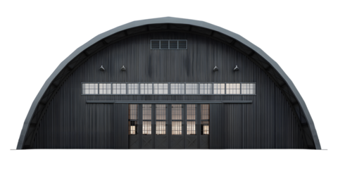 Large industrial warehouse with arched design isolated on white background