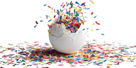 Celebratory confetti emerging from broken eggshell isolated on white background