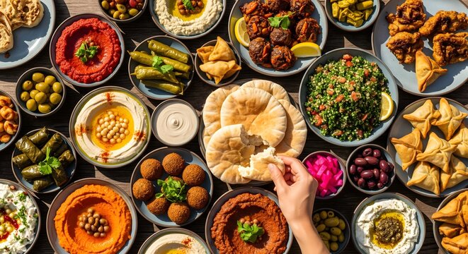 Traditional Middle Eastern Mezze Platter with Hand and Pita