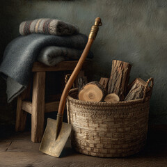 Shovel and firewood stack. Rustic Still Life: Firewood, Blanket, and Shovel - Cozy Home Decor, Country Living