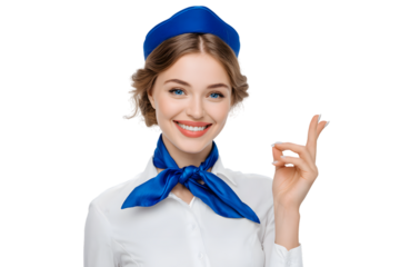 Smiling flight attendant holding up thumbs up isolated on white background