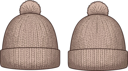 Knitted winter hats with pom-poms, ribbed fold-over brims, textured fabric comparison, cozy cold-weather accessories, fashion flat vector illustration