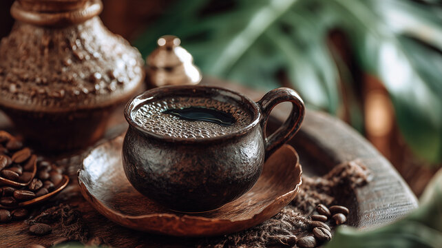 A cup of hot coffee on a table with a saucer and spoon in a cozy cafe atmosphere.