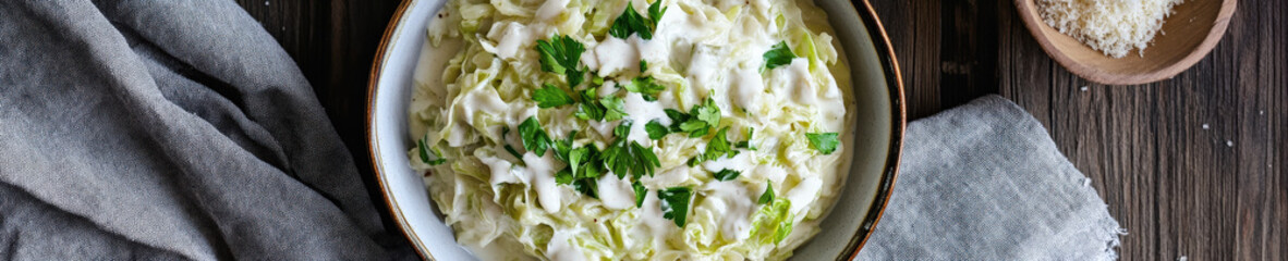 Creamed cabbage in bowl with parsley on rustic wooden table banner


