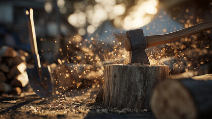 Shovel and firewood stack. Axe Chopping Wood: Splintering Log, Firewood Preparation, Rustic Scene
