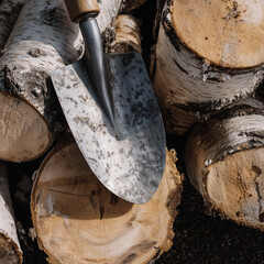 Shovel and firewood stack. Birch Logs with Shovel: Firewood Preparation, Lumber, Woodpile, Rustic, Harvest, Autumn Season