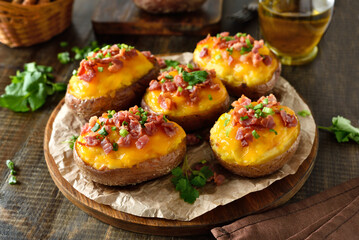 Baked stuffed potatoes with bacon, green onion and cheddar cheese