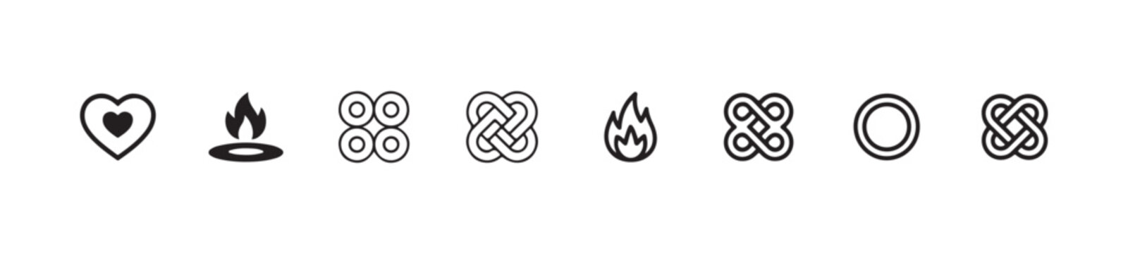 Simple line art icons of heart flame knot rings and abstract geometric shapes for graphic use