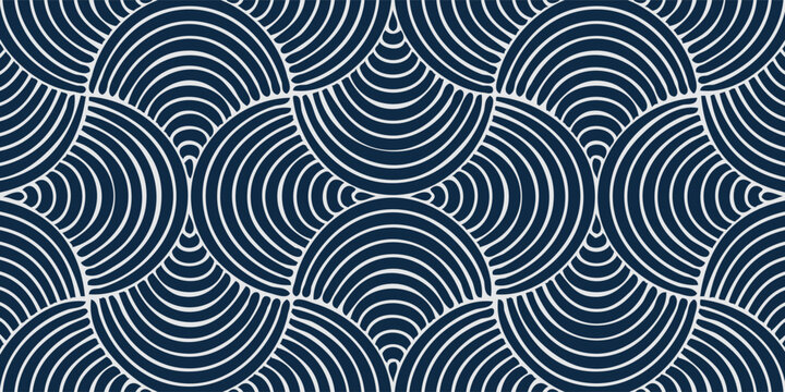 Seamless geometric pattern of overlapping blue and white semicircles.