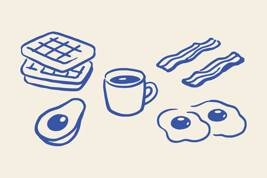 Breakfast Waffles Coffee Bacon Eggs Avocado Doodle Vector Illustration