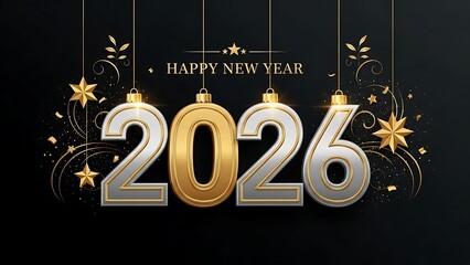 Happy New Year 2026 Celebration with Golden Ornaments and Stars