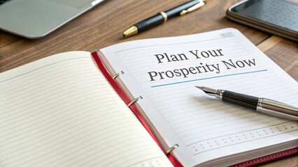 Open notebook with pens and text Plan Your Prosperity Now