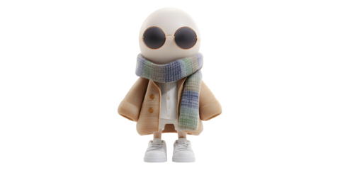 Stylish doll wearing sunglasses and scarf isolated on white background